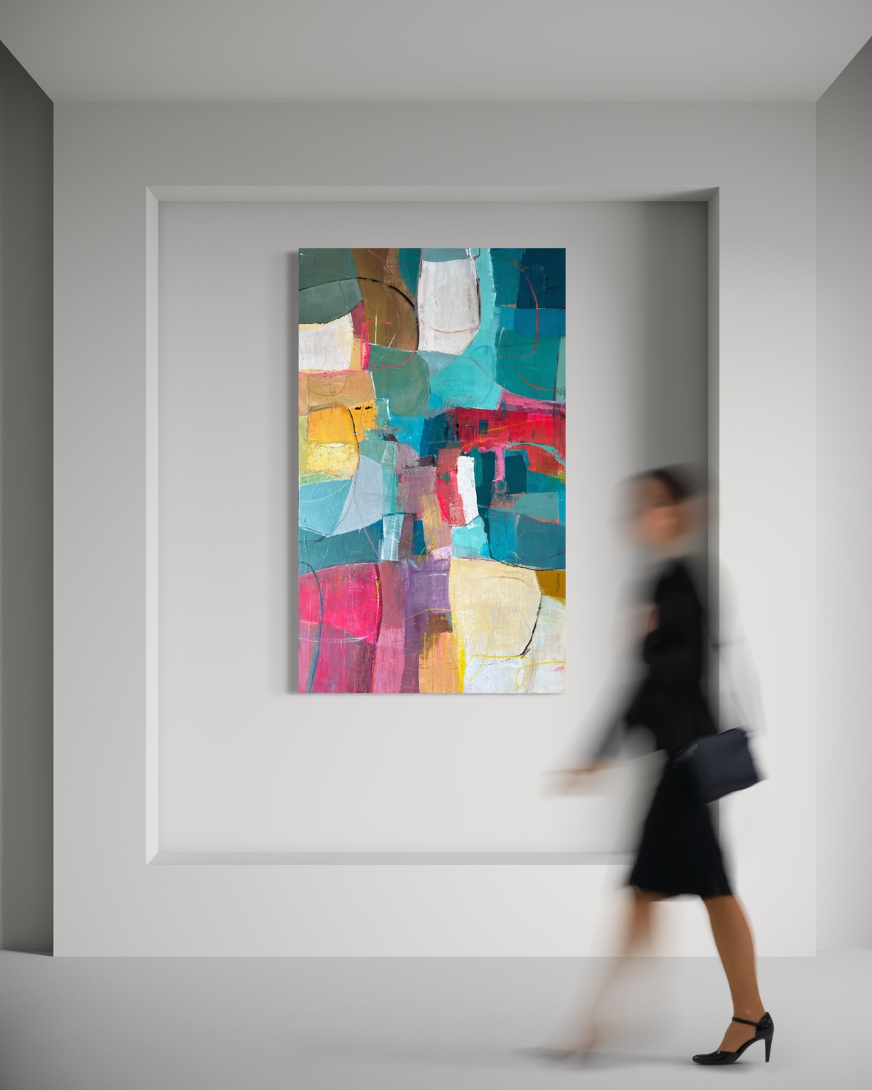 Colourful turquoise and rose abstract work by Leticia Demeuse