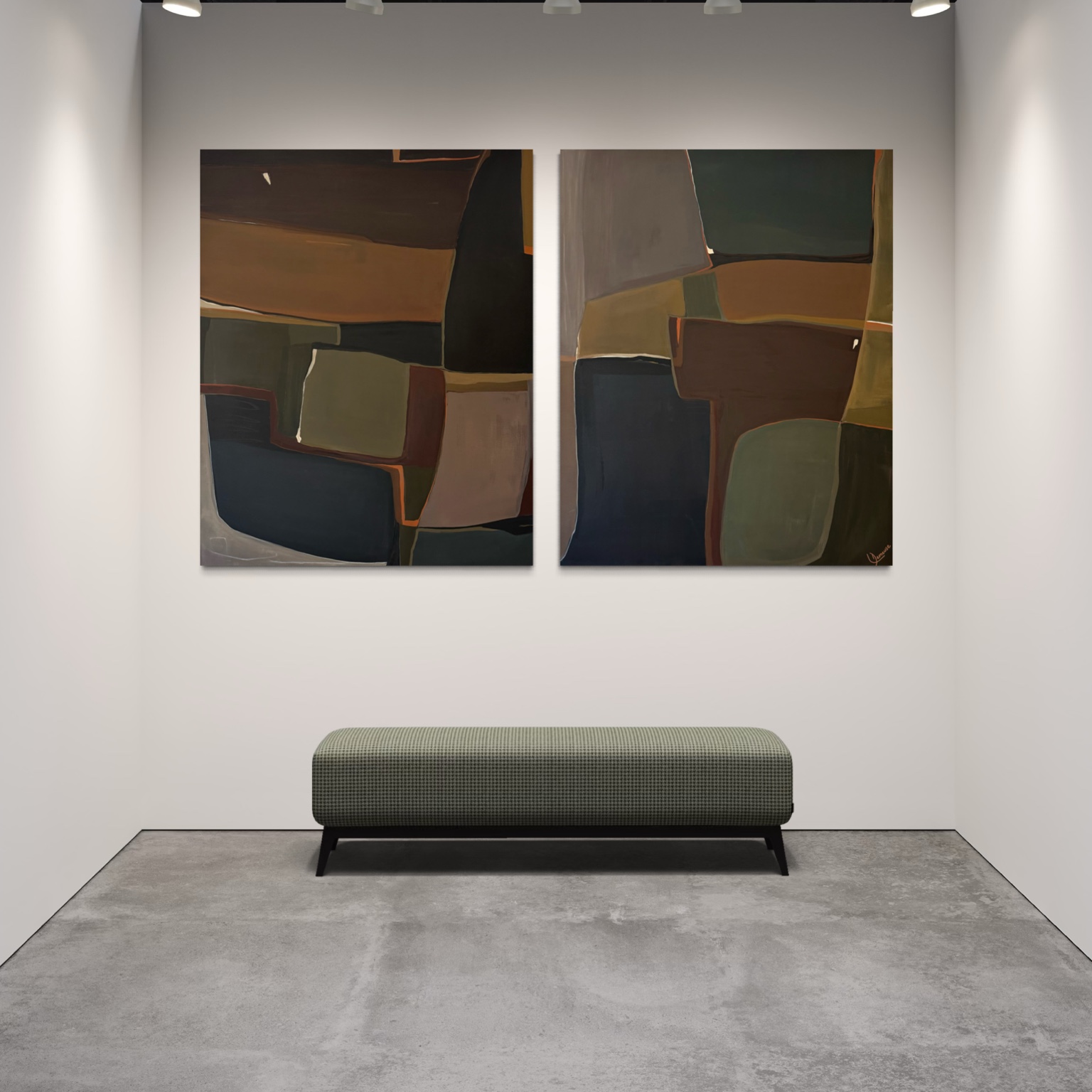 Abstract diptych in earthen greens and browns by Leticia Demeuse
